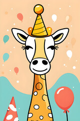 Illustration of an adorable giraffe, she is wearing a yellow birthday hat. Colorful background with balloons and a birthday hat.