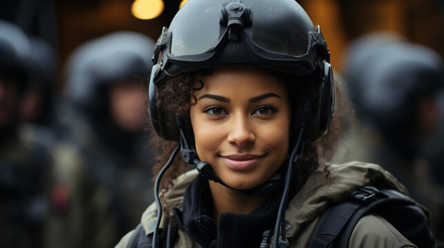Female African American military helicopter pilot standing near her aircraft - generative AI.