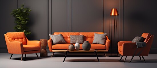 Living room interior with realistic sofa, table, and chair.