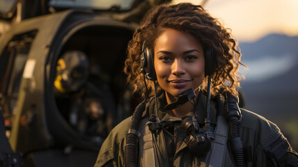 Female African American military helicopter pilot standing near her aircraft - generative AI. - obrazy, fototapety, plakaty