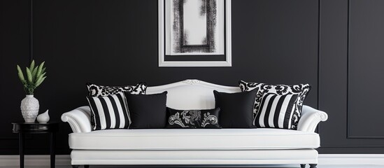 Black and white sofa with cushions. Monochrome picture.