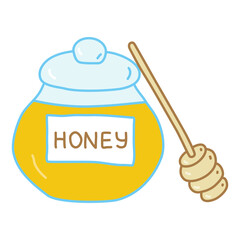Glass jar with honey and wooden honey dipper or honey spoon, doodle style flat vector