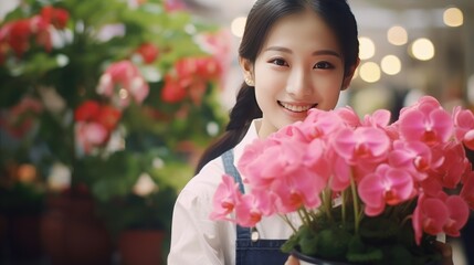 Smiling Woman with Crimson Flower Arrangement and Brown Hair