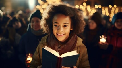 Happy little girl holding a Christmas carol book at Christmas carol, crowd holding candles in the background,  - obrazy, fototapety, plakaty