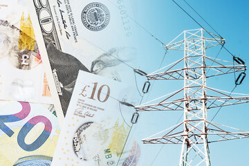 Electricity prices background. Household expenses rising. Electrical pole and cash. Power...