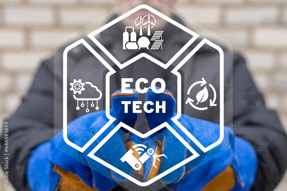 Poster engineer using virtual touch screen presses text: eco tech. environmental technology industry concep