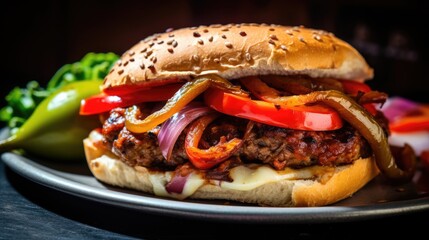 Delicious Burger with Cheese and Fresh Vegetables on Dark Background