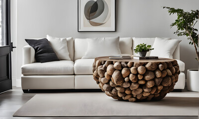 rustic atmosphere of a living room with rustic coffee table beautiful interior combining stone and wood Modern style interior design of a beautiful living room