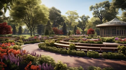 Botanical garden with blooming flowers and lush greenery, bathed in sunlight.