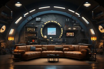 Sci-Fi Bunker Living Room with high-tech gadgets, underground aesthetics, and a post-apocalyptic, sci-fi bunker theme. Sci-fi bunker home decor. Template - obrazy, fototapety, plakaty