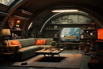 Sci-Fi Bunker Living Room with high-tech gadgets, underground aesthetics, and a post-apocalyptic, sci-fi bunker theme. Sci-fi bunker home decor. Template