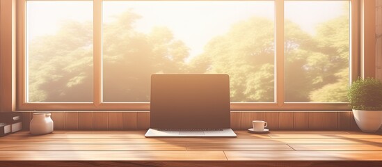 Home office with a wooden desk, sunlit by a large window; remote work concept.