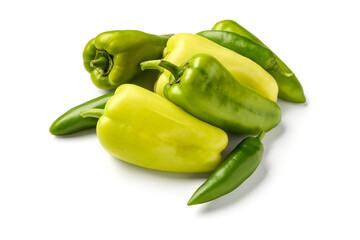 Different fresh peppers on white background