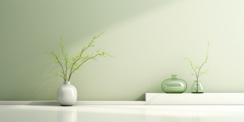 A couple of vases sitting on top of a table. Imaginary illustration. Background for beauty product.