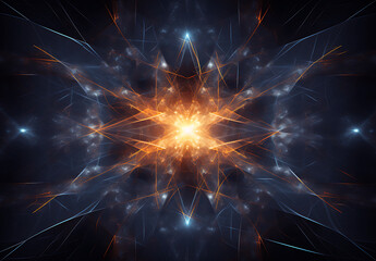 nebula in space, with stars and Cygnus stars, in the style of fractal-like / kaleidoscopic, dark gray and orange, focus on joints/connections, rim light, symmetrical chaos, light sculptures, dark sky