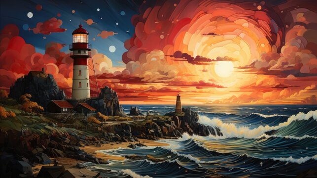 A painting of a lighthouse on a rocky shore. Fiction, made with AI.