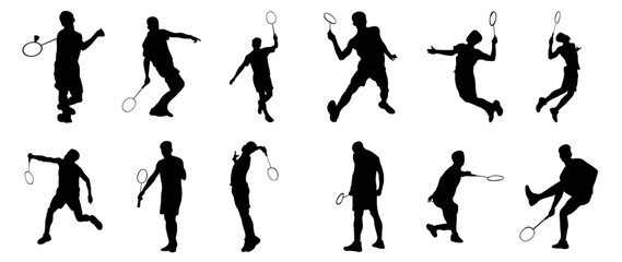 vector icon of people playing badminton.  a collection of silhouettes of people playing badminton in various positions