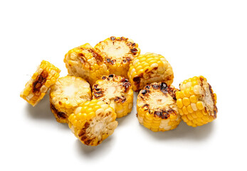 Cut grilled corn cobs on white background