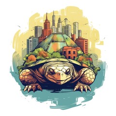 A monster turtle towering over a city, imaginary illustration.