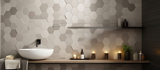 Authentic photo of hexagonal tiles in bathroom with diverse colors and non-repeating design.