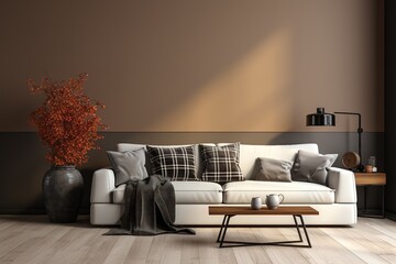 Living room interior with cream sofa, stylish coffee table, brown wall, modern pouf, plaid, black pillow, vase with branch and personal black accessories, Home decor