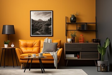 Creative composition of cozy living room design, bright wall mockup
