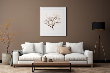 Living room interior with mock up poster frame, white sofa, stylish coffee table, brown wall, modern pouf, plaid, black pillow, vase with branch and personal black accessories, Home decor