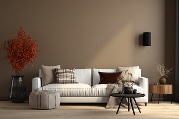 Living room interior with cream sofa, stylish coffee table, brown wall, modern pouf, plaid, black pillow, vase with branch and personal black accessories, Home decor
