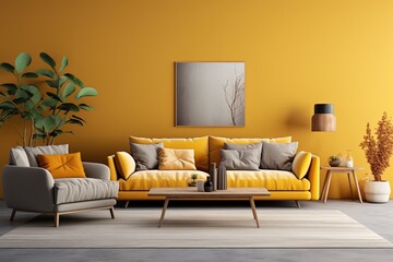 Stylish interior of living room at fancy home with design sofa, yellow side table, dried flowers, pillow, carpet decor and personal accessories in modern home decor