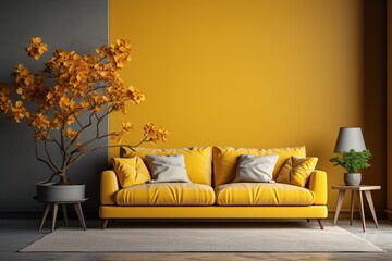Stylish interior of living room at fancy home with design sofa, yellow side table, dried flowers,...