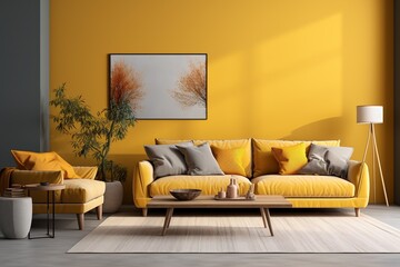 Stylish interior of living room at fancy home with design sofa, yellow side table, dried flowers, pillow, carpet decor and personal accessories in modern home decor