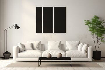 Minimalist Living Room in Monochrome Palette featuring a sleek white sofa, black coffee table, floor lamp, and abstract wall decor