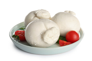 Plate of tasty Burrata cheese with basil and tomatoes on white background