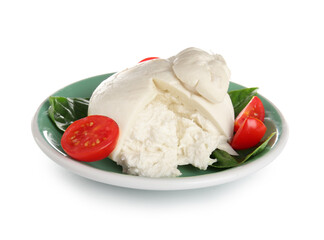 Plate of tasty Burrata cheese with basil and tomatoes on white background