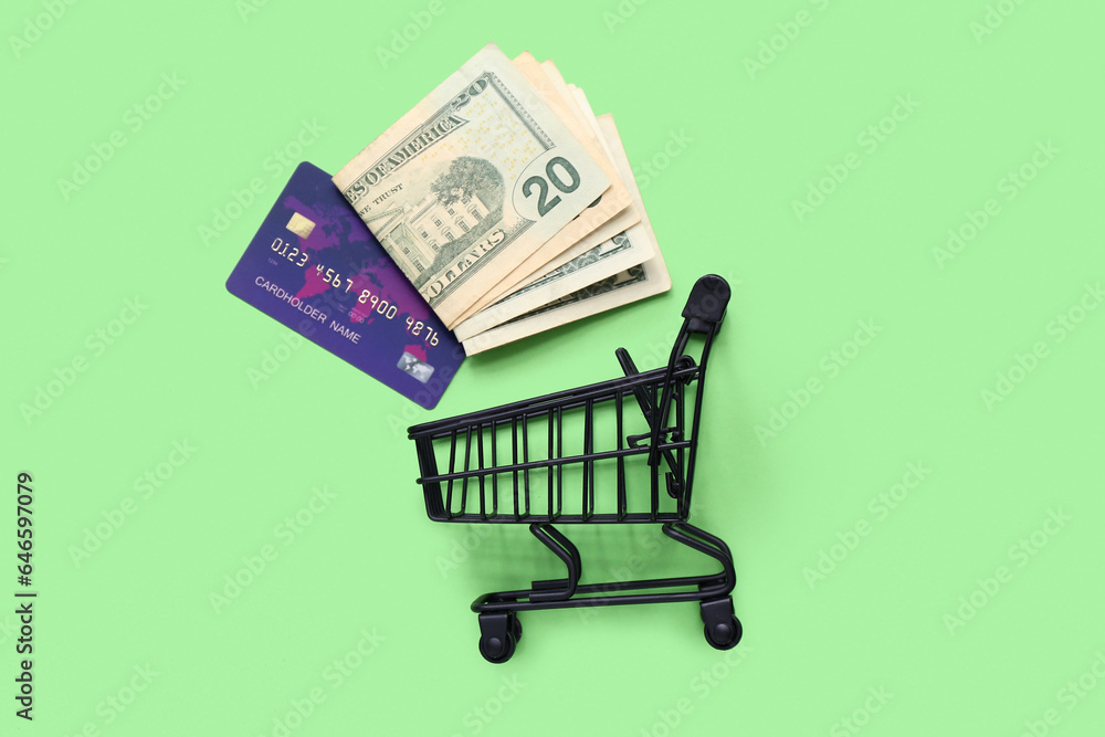 Wall mural Small shopping cart with credit card and money on green background