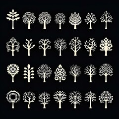Bushy trees glyph icons. a white tree on a black background. generative AI
