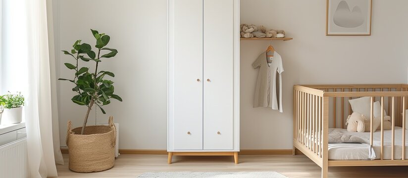 Minimalist bedroom with a small wooden baby cot near a wardrobe in the daytime.