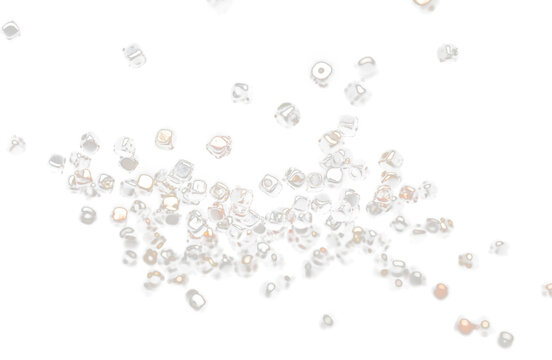 Fashion Silver gold bead cube with beautiful work detail is value. Luxury silver copper metal bead sequin is fashion trend and fly in air. Black background isolated selective focus blur