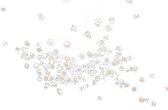 Fashion Silver gold bead cube with beautiful work detail is value. Luxury silver copper metal bead sequin is fashion trend and fly in air. Black background isolated selective focus blur