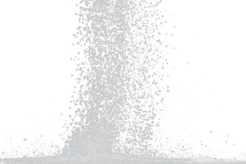 Pure Refined Sugar cube flying explosion, white crystal sugar abstract cloud fly. Pure refined sugar cubes splash stop in air, food object design. Black background isolated selective focus blur