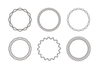 Set of circular shaped frame illustrations with geometric, abstract line borders.