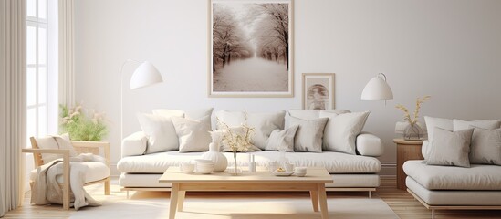 Fototapeta na wymiar Scandinavian-themed illustration of a white living room featuring a sofa.