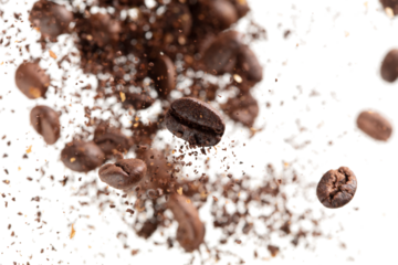 Coffee bean powder fly explosion, Coffee crushed ground float pouring, wave like smoke smell. Coffee bean powder splash throwing in mid Air. White background Isolated selective focus blur