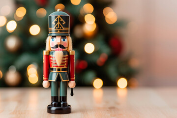 A Nutcracker toy on a Christmas holiday background