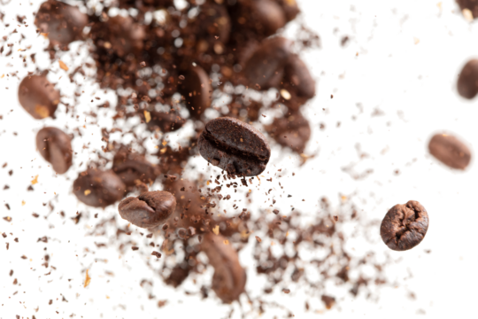 Coffee bean powder fly explosion, Coffee crushed ground float pouring, wave like smoke smell. Coffee bean powder splash throwing in mid Air. White background Isolated selective focus blur