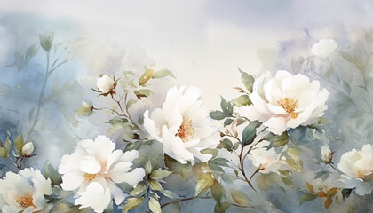Fototapeta na wymiar white peony flowers watercolor background