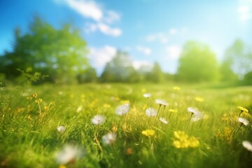 Beautiful meadow field with fresh grass and yellow dandelion flowers in nature against a blurry...