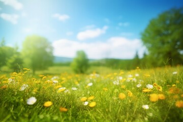 Beautiful meadow field with fresh grass and yellow dandelion flowers in nature against a blurry blue sky with clouds. Summer spring perfect natural landscape. gerenative ai.