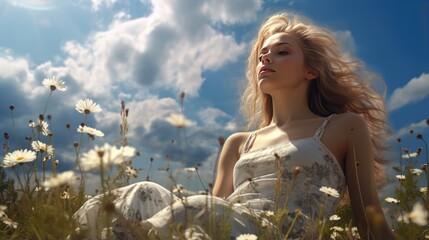 Contemplative Young Woman Standing in a Sunlit Meadow, Surrounded by Flowers