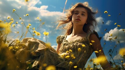 Contemplative Young Woman Standing in a Sunlit Meadow, Surrounded by Flowers